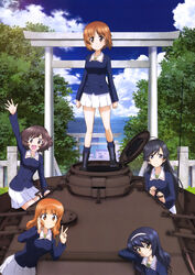  5girls :d absurdres akiyama_yukari arm_up black_footwear black_hair blue_jacket blue_legwear blue_sky blunt_bangs boots brown_eyes brown_hair cloud collarbone day girls_und_panzer hair_between_eyes hairband hand_in_own_hair highres isuzu_hana jacket long_hair looking_at_viewer military military_vehicle miniskirt motor_vehicle multiple_girls nishizumi_miho ocean official_art ooarai_military_uniform open_mouth outdoors panzer_iv pleated_skirt reizei_mako short_hair skirt sky smile standing takebe_saori tank torii v waving white_hairband white_skirt yoshida_nobuyoshi 