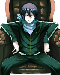  1boy black_hair blue_eyes commentary_request hair_between_eyes hiroki_(hirokiart) looking_at_viewer male_focus noragami sitting solo yato_(noragami) 