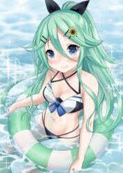  bare_arms bare_shoulders bikini black_bow blue_eyes blush bow breasts closed_mouth collarbone commentary_request female from_above green_hair groin hair_between_eyes hair_ornament hairbow hairclip half_updo highres innertube kantai_collection long_hair looking_at_viewer looking_up medium_breasts navel neko_danshaku partially_submerged sitting smile solo sparkle swim_ring swimsuit very_long_hair yamakaze_(kancolle) 