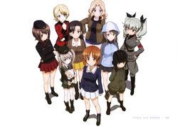  6+girls absurdres anchovy_(girls_und_panzer) anzio_military_uniform asymmetrical_bangs belt black_bow black_footwear black_hat black_necktie black_shirt black_skirt blonde_hair blue_eyes blue_headwear blue_jacket blue_shorts boko_(girls_und_panzer) boots bow breasts brown_eyes brown_hair brown_jacket brown_pants brown_skirt chi-hatan_military_uniform cleavage collarbone copyright_name crossed_arms darjeeling_(girls_und_panzer) from_above full_body girls_und_panzer grey_hair hair_between_eyes hairbow hand_on_own_hip hat helmet highres jacket katyusha_(girls_und_panzer) kay_(girls_und_panzer) keizoku_military_uniform knee_boots kuromorimine_military_uniform long_hair looking_at_viewer medium_breasts micro_shorts mika_(girls_und_panzer) miniskirt multiple_girls necktie nishi_kinuyo nishizumi_maho nishizumi_miho official_art ooarai_military_uniform open_clothes open_jacket page_number pants pleated_skirt pravda_military_uniform red_eyes red_jacket red_skirt selection_university_military_uniform shadow shimada_arisu shirt short_shorts shorts simple_background skirt smile st._gloriana&#039;s_military_uniform standing sweater tank_helmet tied_hair tulip_hat twintails white_background white_shirt white_skirt yellow_skirt yoshida_nobuyoshi 