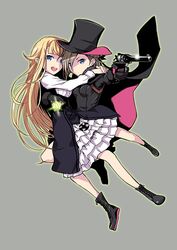  2girls :d ange_(princess_principal) black_cape black_footwear black_gloves black_hat blonde_hair blue_eyes cape cavorite_ball commentary_request gloves grey_background grey_hair gun handgun hat long_hair multiple_girls muraji open_mouth princess_(princess_principal) princess_principal revolver school_uniform shoes short_hair smile top_hat weapon webley-fosbery_automatic_revolver 