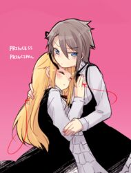  2girls ange_(princess_principal) blonde_hair blue_eyes blush closed_eyes commentary_request copyright_name couple frown grey_hair hug kusugaya long_hair multiple_girls princess_(princess_principal) princess_principal school_uniform short_hair string string_of_fate yuri 