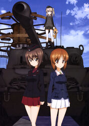  3girls absurdres black_hat black_jacket black_necktie black_ribbon black_skirt blue_jacket blue_sky boko_(girls_und_panzer) brown_eyes brown_hair centurion_(tank) cloud collarbone day dress_shirt girls_und_panzer hair_between_eyes hair_ribbon hat highres holding holding_stuffed_toy jacket kuromorimine_military_uniform light_brown_hair looking_at_viewer military military_vehicle miniskirt motor_vehicle multiple_girls necktie nishizumi_maho nishizumi_miho official_art one_side_up ooarai_military_uniform outdoors pleated_skirt red_shirt red_skirt ribbon selection_university_military_uniform shimada_arisu shirt short_hair skirt sky stuffed_animal stuffed_toy tank white_skirt yoshida_nobuyoshi 