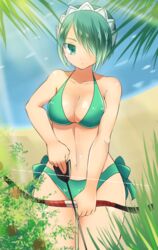  arrow_(projectile) beach bikini bikini_top_only blue_eyes blue_hair bow_(weapon) breasts cleavage commentary_request female fire_emblem fire_emblem_fates hair_over_one_eye hairband large_breasts leaf midriff navel outdoors setsuna_(fire_emblem) shira_yu_ki short_hair solo swimsuit weapon 