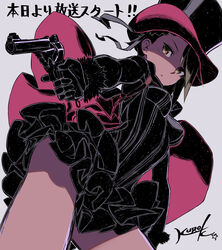  ange_(princess_principal) artist_name asymmetrical_bangs black_leotard black_skirt black_theme braid cape cloak female flat_color fur_trim grey_background gun handgun hat highres holding holding_gun holding_weapon kuroboshi_kouhaku legs_apart leotard photoshop_(medium) princess_principal revolver short_hair signature simple_background skirt solo steampunk top_hat trigger_discipline victorian weapon webley-fosbery_automatic_revolver 