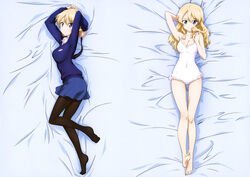  absurdres adjusting_hair alternate_hairstyle arm_behind_head arms_up bag barefoot bed_sheet black_pantyhose blonde_hair blue_eyes blue_skirt blue_sweater blush bow bow_swimsuit braid breasts casual_one-piece_swimsuit cleavage collarbone collared_shirt covered_navel dakimakura_(medium) darjeeling_(girls_und_panzer) female frilled_one-piece_swimsuit frills from_above full_body girls_und_panzer hair_between_eyes hair_down highres holding holding_own_hair legs long_hair long_legs looking_at_viewer lying medium_breasts miniskirt multiple_views necktie no_shoes official_art on_back on_bed on_side one-piece_swimsuit pantyhose pleated_skirt school_uniform shirt skirt smile st._gloriana&#039;s_school_uniform sweater swept_bangs swimsuit thigh_gap thighs unworn_necktie white_one-piece_swimsuit white_shirt yoshida_nobuyoshi 