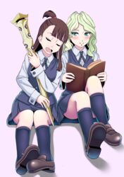  2girls aqua_eyes blonde_hair blue_legwear blue_skirt blush book brown_footwear brown_hair closed_eyes commentary_request diana_cavendish facing_viewer highres holding holding_book holding_staff inami_(chiba) kagari_atsuko kneehighs light_green_hair little_witch_academia long_hair looking_at_another mary_janes multicolored_hair multiple_girls open_book open_mouth school_uniform shiny_rod_(little_witch_academia) shoes side-by-side sitting skirt smile socks staff two-tone_hair vest yuri 