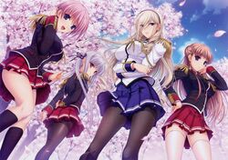  4girls bad_link blue_eyes breasts brown_hair celia_kumani_entory cherry_blossoms crossed_arms epaulettes hairband hand_on_own_hip highres kisaki_mio komori_kei large_breasts lisa_eostre long_hair looking_back looking_down miniskirt multiple_girls noel_maresse_ascot open_mouth pantyhose pink_hair pleated_skirt purple_eyes red_eyes silver_hair skirt smile thighband_pantyhose thighhighs uniform walkure_romanze white_thighhighs 