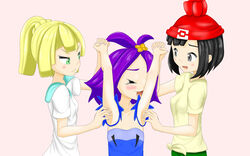  3girls :3 acerola_(pokemon) ahoge arm_up armpits arms_up artist_request beanie black_eyes black_hair blonde_hair blue_dress blush braid breasts closed_eyes collarbone dress flat_chest from_side green_eyes green_shorts hair_ornament hand_holding hand_up hat highres laughing lillie_(pokemon) looking_down mizuki_(pokemon_sm) multiple_girls open_mouth pink_background pokemon pokemon_sm ponytail purple_hair red_hat shirt short_hair short_sleeves shorts simple_background small_breasts smile standing tears tickling tied_hair tied_shirt white_shirt yellow_shirt 