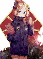  :o abigail_williams_(fate) abigail_williams_(traveling_outfit)_(fate) b_rock bad_id bad_pixiv_id bandaid bandaid_on_face bandaid_on_forehead blonde_hair blush bow breast_pocket commentary cowboy_shot fate/grand_order fate_(series) female hair_bun hairbow hand_up highres long_sleeves motor_vehicle motorcycle official_alternate_costume orange_bow parted_bangs pocket polka_dot polka_dot_bow purple_bow purple_eyes single_hair_bun sleeves_past_fingers sleeves_past_wrists solo standing stuffed_animal stuffed_toy teddy_bear 