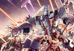  autobot badge commentary_request cyclonus drift_(transformers) explosion fighting glowing glowing_eyes insignia kiyoro2 mecha no_humans robot rodimus science_fiction the_transformers_(idw) transformers ultra_magnus whirl_(transformers) 