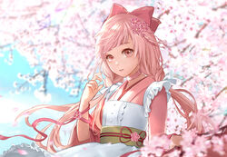  antweiyi apron bad_id bad_pixiv_id blue_sky bow braid cherry_blossoms choker commentary_request day female flower food food_fantasy hairbow japanese_clothes kimono long_hair looking_at_viewer maid obi outdoors photoshop_(medium) pink_bow pink_choker pink_eyes pink_flower pink_hair pink_kimono pink_theme sakuramochi_(food_fantasy) sash sky solo twin_braids twintails wa_maid white_apron 