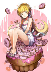  apron artist_logo bare_legs between_legs blonde_hair blush_stickers collarbone commentary doughnut eyebrows_hidden_by_hair fang_out female food hand_between_legs hiroki_(hirokiart) knees_up long_hair monogatari_(series) nearly_naked_apron oerba_yun_fang oshino_shinobu photoshop_(medium) sitting skirt smile solo very_long_hair white_apron yellow_eyes 