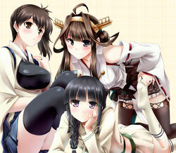  3girls ahoge bare_shoulders black_hair black_thighhighs blue_skirt blunt_bangs blush boots braid breasts brown_eyes brown_hair brown_skirt commentary_request detached_sleeves double_bun feet hair_bun hair_over_shoulder hairband hakama hakama_short_skirt hakama_skirt headgear japanese_clothes jewelry kaga_(kancolle) kantai_collection kitakami_(kancolle) kongou_(kancolle) large_breasts leaning_forward long_hair long_sleeves looking_at_viewer lying makishima_rin multiple_girls muneate neckerchief nontraditional_miko on_stomach panties pantyshot photoshop_(medium) purple_eyes remodel_(kantai_collection) ribbon-trimmed_sleeves ribbon_trim ring school_uniform serafuku side_ponytail single_braid sitting skirt smile tasuki thigh_boots thighhighs underwear wedding_ring white_panties 