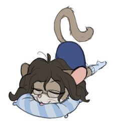  2018 aggie_(artist) anthro bottomwear brown_body brown_fur brown_hair clothed clothing digital_media_(artwork) dormouse edible_dormouse eyewear female footwear fur glasses hair legwear long_hair lying mammal miri_(aggie) on_ground pillow rodent simple_background skirt sleeping socks solo tongue tongue_out whiskers white_background 