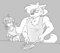  annoyed avoid_posting canid canine canis cooking doopcity duo greyscale hi_res human male mammal monochrome pretty_cure wolf wolfrun 