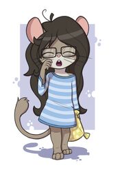  2019 aggie_(artist) anthro brown_body brown_fur brown_hair buckteeth closed_eyes clothed clothing digital_media_(artwork) dormouse edible_dormouse eyewear female fur glasses hair hi_res long_hair mammal miri_(aggie) open_mouth pajama_shirt pillow rodent simple_background solo standing teeth tired whiskers yawn young young_anthro 