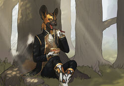  2019 5_fingers african_wild_dog akitary anthro biped black_nose canid canine clothed clothing digital_media_(artwork) fingers forest grass male mammal nomax_(character) open_mouth plant sitting solo teeth tongue tree 