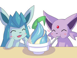  4:3 ambiguous_gender canid canine dessert dlrowdog duo eating eating_feces eeveelution espeon feces feces_in_mouth feral food generation_2_pokemon generation_4_pokemon glaceon heart_symbol ice_cream mammal nintendo pokemon pokemon_(species) simple_background white_background 