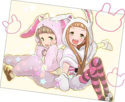  1boy animal_costume animal_hood blush bow brown_eyes brown_hair commentary_request cosplay costume_switch female full_body green_eyes himeno_kanon himeno_kanon_(cosplay) hood ichihara_nina ichihara_nina_(cosplay) idolmaster idolmaster_cinderella_girls idolmaster_side-m kigurumi long_hair mittens open_mouth protected_link purple_legwear rabbit_costume rabbit_hood rice_(rice8p) smile striped_clothes striped_thighhighs thighhighs 