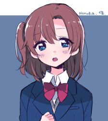  :o artist_name blazer blue_background blue_eyes blush bow bowtie character_name commentary_request eyes_visible_through_hair female jacket kosaka_honoka kudo_(low_temp) looking_at_viewer love_live! love_live!_school_idol_project one_side_up orange_hair otonokizaka_school_uniform school_uniform signature simple_background solo two-tone_background upper_body white_background winter_uniform 