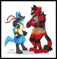  black_body black_border black_fur blue_body blue_fur border canid canine danwolf15 duo felid feline fur generation_4_pokemon generation_7_pokemon hi_res incineroar lucario mammal nintendo pokemon pokemon_(species) red_body red_fur spikes stripes yellow_body yellow_fur 