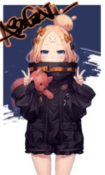  abigail_williams_(fate) abigail_williams_(traveling_outfit)_(fate) bad_id bad_pixiv_id black_bow black_jacket blonde_hair blue_eyes blush bow character_name commentary_request covered_mouth cowboy_shot double_v fate/grand_order fate_(series) female hair_bun hairbow hands_up jacket long_hair long_sleeves looking_at_viewer official_alternate_costume oninaart orange_bow parted_bangs polka_dot polka_dot_bow single_hair_bun sleeves_past_wrists solo standing stuffed_animal stuffed_toy teddy_bear v 