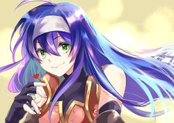  ahoge bare_shoulders blue_hair cyaca_ab fingerless_gloves fire_emblem fire_emblem:_souen_no_kiseki gloves green_eyes hairband headband long_hair looking_at_viewer purple_hair smile solo wayu_(fire_emblem) white_hairband 