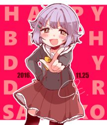  :d artist_name birthday blush bow bowtie brown_eyes character_name commentary_request cowboy_shot dated english_text female frilled_skirt frills hair_ornament hand_on_own_hip happy_birthday highres idolmaster idolmaster_cinderella_girls koshimizu_sachiko kudo_(low_temp) leaning_forward looking_at_viewer open_mouth pointing pointing_at_viewer purple_hair school_uniform short_hair signature skirt smile solo thighhighs zettai_ryouiki 