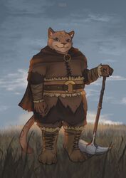  2019 anthro armor barbarian belt boots brown_body brown_fur claws cloak clothed clothing cloud detailed_background dungeons_and_dragons felid field footwear fur hammer hasbro hi_res holding_object holding_weapon kirkir leather leather_armor leopard_spots male mammal melee_weapon musclegut muscular muscular_anthro muscular_male outside overweight overweight_anthro overweight_male pantherine planted_weapon ripples_across_the_pond sky smile solo spots standing tabaxi tools warhammer weapon wizards_of_the_coast 