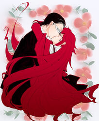  black_hair couple flower glasses grell_sutcliffe hug jacket kissing kuroshitsuji long_hair red_hair short_hair suit william_t_spears yaoi 