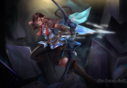  1boy arrow_(projectile) black_gloves blue_eyes boots bow_(weapon) brown_footwear brown_hair commentary_request copyright_name crystal full_body gloves highres looking_at_viewer male_focus photoshop_(medium) pixiv_fantasia pixiv_fantasia_revenge_of_the_darkness pointy_ears riyu_(gauzama) solo weapon 