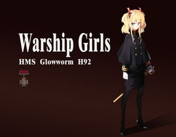  absurdres aged_up arnold-s bad_id bad_pixiv_id black_footwear black_jacket black_pantyhose black_skirt blonde_hair blue_eyes brown_background buttons capelet character_name closed_mouth copyright_name double-breasted female full_body gloves glowworm_(warship_girls_r) gradient_background hair_ribbon high_heels highres jacket legs_apart long_sleeves looking_to_the_side military military_uniform pantyhose photoshop_(medium) ribbon scabbard sheath shoes skirt solo standing sword text_focus twintails uniform warship_girls_r weapon white_gloves 