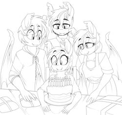  2017 bat_pony birthday birthday_cake cake clothing dessert equid family fan_character fangs female food group hasbro hi_res male mammal monochrome my_little_pony nectarine_wynne nightseeker_(oc) nolegs_(oc) replica_(artist) teeth vigil_(oc) 