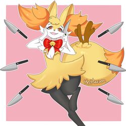  animal_ear_fluff animal_ears artist_name bell border bow bowtie braixen creatures_(company) fangs female female fox_ears fox_tail furry game_freak gen_6_pokemon half-closed_eyes hand_on_own_face hand_up happy heart heart-shaped_pupils highres holding holding_knife jingle_bell jpeg_artifacts kitchen_knife knife leg_up mezmaroon nintendo no_humans open_mouth orange_eyes outline paws pink_background pokemon pokemon_(creature) red_bow red_neckwear signature simple_background smile solo standing standing_on_one_leg stick symbol-shaped_pupils tail white_border white_outline yandere 