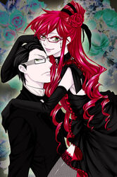  black_hair couple crossdressing curly_hair dress flower glasses gloves green_eyes grell_sutcliffe grey_eyes kuroshitsuji long_hair red_hair short_hair smile suit thighhighs william_t_spears yaoi 