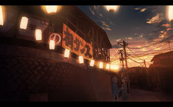  2girls blue_eyes blue_hair blue_kimono brown_kimono cloud cloudy_sky commentary_request evening flower grey_hair hair_flower hair_ornament highres inami_hatoko japanese_clothes kimono lantern letterboxed multiple_girls obi original outdoors paper_lantern power_lines sash scenery short_hair short_kimono sky stadium yukata 