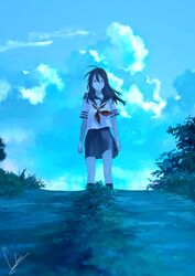  ahoge ankle_socks black_eyes black_hair cloud cloudy_sky commentary dark day female from_below grass highres long_hair looking_at_viewer loundraw neckerchief original outdoors path personification pleated_skirt road sad school_uniform serafuku signature skirt sky socks solo wind 