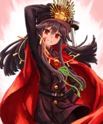  absurdres arm_up bad_id bad_pixiv_id black_hair black_hat buttons cape fate/grand_order fate_(series) female grin hair_between_eyes hat highres holding holding_sword holding_weapon katana koha-ace long_hair long_sleeves looking_at_viewer military military_uniform nob1109 oda_nobunaga_(fate) oda_nobunaga_(koha-ace) oda_uri red_cape red_eyes sheath sidelocks smile solo sword uniform unsheathed v-shaped_eyebrows weapon 