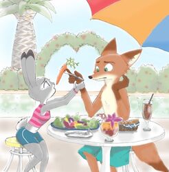  2018 anthro beverage bottomwear canid canine carrot clothing dipstick_ears dipstick_tail disney duo ear_markings female food fox fur gloves_(marking) hb_runo holding_object judy_hopps lagomorph leporid male mammal markings midriff multicolored_body multicolored_ears multicolored_fur multicolored_tail nick_wilde outside plant rabbit shirt shorts sitting size_difference summer tail tail_markings topwear two_tone_body two_tone_fur umbrella vegetable zootopia 