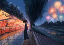  3boys backlighting black_hair blurry bridge candy cloud commentary cover cover_page dark depth_of_field doujin_cover female festival fireworks flower food food_stand grass green_eyes holding holding_candy holding_food japanese_clothes kagumanikusu kimono looking_at_viewer looking_to_the_side market_stall multiple_boys night obi original outdoors path river road sandals sash scenery short_ponytail skinny sky stairs summer tree walking willow yukata 