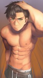  1boy abs arm_up black_hair boxers commentary_request doudanuki_masakuni from_above gradient_background groin hand_in_own_hair hand_in_pocket highres kashi_kosugi looking_to_the_side male_focus male_underwear muscular nipples obliques pants pout scar solo thick_eyebrows topless_male touken_ranbu track_pants underwear wooden_floor yellow_eyes 