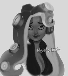  artist_name breasts cleavage closed_mouth dark_skin female female grey_background greyscale happy headphones highres iida_(splatoon) jpeg_artifacts large_breasts lips long_hair looking_at_viewer mezmaroon mole mole_under_mouth monochrome signature simple_background smile solo splatoon splatoon_(series) splatoon_2 tareme tentacle tentacle_hair upper_body 