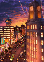  asano_(shikisokuzekuu) bad_id bad_pixiv_id balloon banner building bus car chuuou_(tokyo) city cityscape clock clock_tower cloud commentary_request cover cover_page evening ginza_(tokyo) ginza_wako highres motor_vehicle neon_lights orange_sky outdoors overhead_line photoshop_(medium) real_life road scenery sign sky star_(sky) starry_sky street streetcar sunset tokyo_(city) tower traffic traffic_light tree truck 