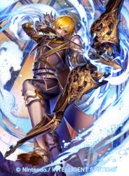  1boy arrow_(projectile) blonde_hair blue_eyes boots bow_(weapon) commentary_request company_name drawing_bow fire_emblem fire_emblem:_radiant_dawn fire_emblem_cipher gloves holding holding_arrow holding_bow_(weapon) holding_weapon leonardo_(fire_emblem) male_focus official_art setsu_albatross solo weapon 