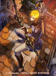  1boy arrow_(projectile) blonde_hair blue_eyes boots bow_(weapon) commentary_request company_name fingerless_gloves fire_emblem fire_emblem:_radiant_dawn fire_emblem_cipher gloves holding holding_arrow holding_bow_(weapon) holding_weapon knee_boots leaf leonardo_(fire_emblem) male_focus official_art on_roof quiver rooftop setsu_albatross solo sparkle weapon 