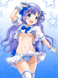  \m/ arm_up asari_nanami bikini bikini_under_clothes blue_bow blue_eyes blunt_bangs bow breasts commentary_request crop_top female fingernails fish_hair_ornament hair_ornament hat hat_bow highres holding holding_microphone idolmaster idolmaster_cinderella_girls idolmaster_cinderella_girls_starlight_stage long_hair medium_breasts microphone midriff navel neko_danshaku one_side_up pleated_skirt purple_hair sailor_collar sailor_hat school_uniform serafuku shirt short_sleeves skirt solo star_(symbol) starry_background striped_bikini striped_clothes swimsuit thighhighs underboob very_long_hair white_hat white_sailor_collar white_shirt white_skirt white_thighhighs wrist_cuffs 