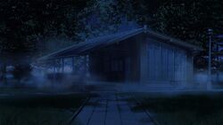  arsenixc bench blue_theme building collaboration commentary dark deck_(architecture) door english_commentary everlasting_summer fog grass highres house lamppost nature night no_humans original outdoors photorealistic photoshop_(medium) pine_tree realistic scenery shade sunlight tree vvcephei window 