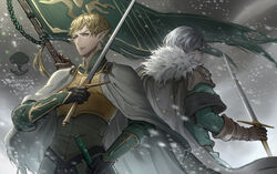  2boys back-to-back black_gloves blonde_hair blue_eyes brown_cape brown_gloves cape commentary_request copyright_name elion_the_king_of_spirits flag frown fur_trim gideon_(pixiv_fantasia_last_saga) gloves grey_hair grey_sky highres holding holding_flag holding_sword holding_weapon logo male_focus meroz multiple_boys photoshop_(medium) pixiv_fantasia pixiv_fantasia_last_saga sheath sky sword weapon white_cape 