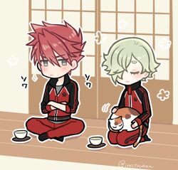  2boys chibi commentary_request feline inoue_mikuni looking_at_another lowres multiple_boys ookanehira_(touken_ranbu) sliding_doors touken_ranbu track_suit uguisumaru 